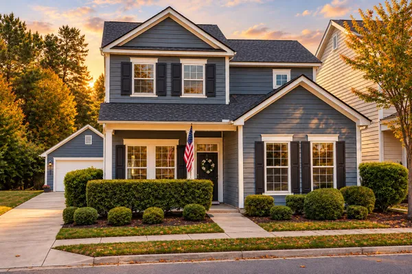 Blue-gray porch-front home in Bolton’s Landing