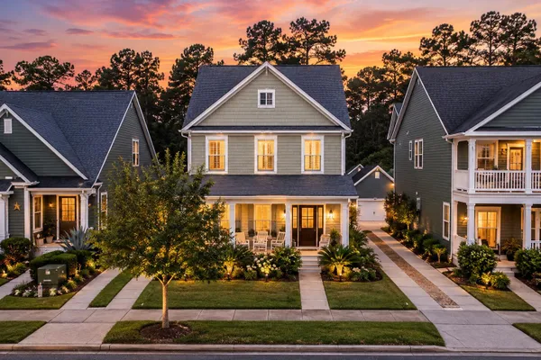 Porch-front homes along a Bolton’s Landing street at sunset