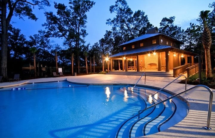 Carolina Bay community pool at twilight