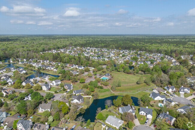 Aerial view of Village Green homes, ponds, and wooded surroundings