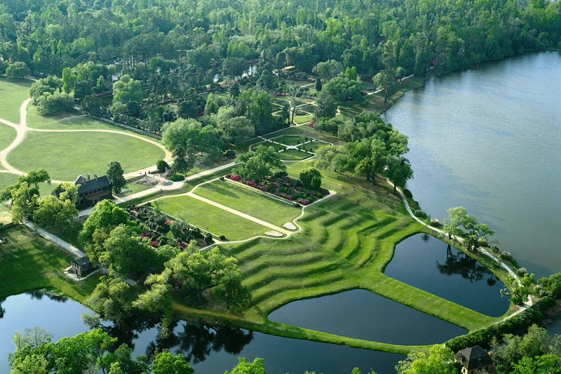 Aerial view of Middleton Place landscaped gardens and ponds